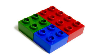 green, blue and red connected lego pieces